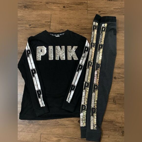 PINK VS BLING TSHIRT / SEQUIN JOGGER LEGGINGS P OUTFIT - Picture 5 of 12